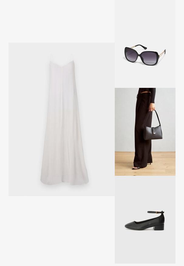 Vestido largo, blanco y sin mangas hecho de una tela ligera. Presenta un escote en forma de V, una silueta fluida y una textura degradada sutil.; Zapato de tacón negro de cuero con punta afilada y tacón bajo cuadrado. Presenta una correa para el tobillo con una hebilla en tono dorado. Textura suave.; Gafas de sol negras de gran tamaño con lentes degradados, montura gruesa y detalles de cadena en tono dorado en las patillas.; Bolso negro con forma estructurada, textura suave y un cierre metálico. Combinado con pantalones anchos negros y sandalias de dedo en un suelo de madera.