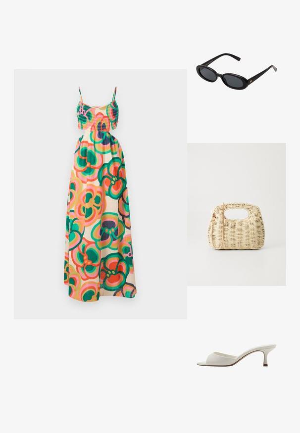 Maxiklänning med smockad bodice, tunna axelband, blommönster i grönt, rosa och orange på en krämfärgad bakgrund. Lättviktsmaterial.; Vita öppna högklackade mules med en slät yta, minimalistisk design och en slank klack, med en subtil brun accent på sulan.; Svarta överdimensionerade solglasögon med ovala linser, slät plastbåge och guldaccent på bågarna. Mörka linser ger solskydd.; Vävd halmhandväska i ljusbeige med rundad form, öppen topp och avtagbar rem. Anmärkningsvärd textur och intrikat vävmönster.