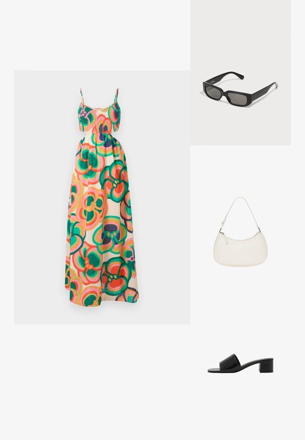 Abito maxi con corpino arricciato, spalline sottili, motivo floreale in verde, rosa e arancione su sfondo crema. Tessuto leggero.; Sandal in pelle nera open-toe con una fascia ampia e un tacco a blocco solido. Caratterizzato da una texture liscia e un design minimale.; Occhiali da sole rettangolari neri con lenti grigie, realizzati in plastica liscia. Presentano un design minimalista con steli dritti e un branding discreto.; Borsa a mano in pelle bianca caratterizzata da una forma curva, tracolla regolabile e chiusura con zip superiore. Texture liscia con dettagli hardware minimi.