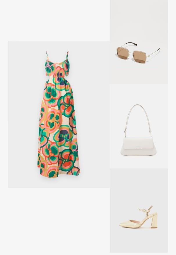 Maksi obleka s nabranim korzetom, tankimi naramnicami in cvetličnim vzorcem v zeleni, roza in oranžni barvi na kremnem ozadju. Lahka tkanina.; Zlata metalna visoka obuća s šiljastim nosom, remenom oko gležnja s kružnim kopčom i dizajnom debljeg potplata. Glatka tekstura.; Zlate kovinske sončne očala s kvadratno obliko, rjavo obarvanimi lečami in subtilnimi zelenimi ter rdečimi poudarki na okvirju. Tanke, elegantne roke.; Bela usnjena torba za ramo s prepognjenim sprednjim pokrovom, ukrivljeno obliko in nastavljivim trakom. Ima subtilen logotip na sprednji strani.