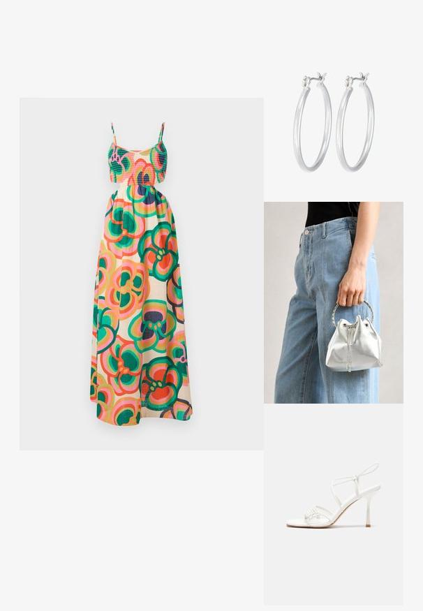 Maxikleid mit gerafftem Oberteil, dünnen Trägern, floralem Muster in Grün, Pink und Orange auf einem cremefarbenen Hintergrund. Leichter Stoff.; Weiße, geschnallte High-Heel-Sandalen mit flacher Zehenbasis, strukturiertem Vorderteil mit gerafften Akzenten und schlankem Knöchelriemen.; Metallisch silberne Bucket Bag mit strukturiertem Finish, verziert mit einem silbernen runden Griff und Kordelzugverschluss, gehalten vor hellblauen Jeans.; Silberne Creolen mit einer glatten, polierten Oberfläche. Runder Form und sicherem Klickverschluss. Leichtes Design, geeignet für den täglichen Gebrauch.