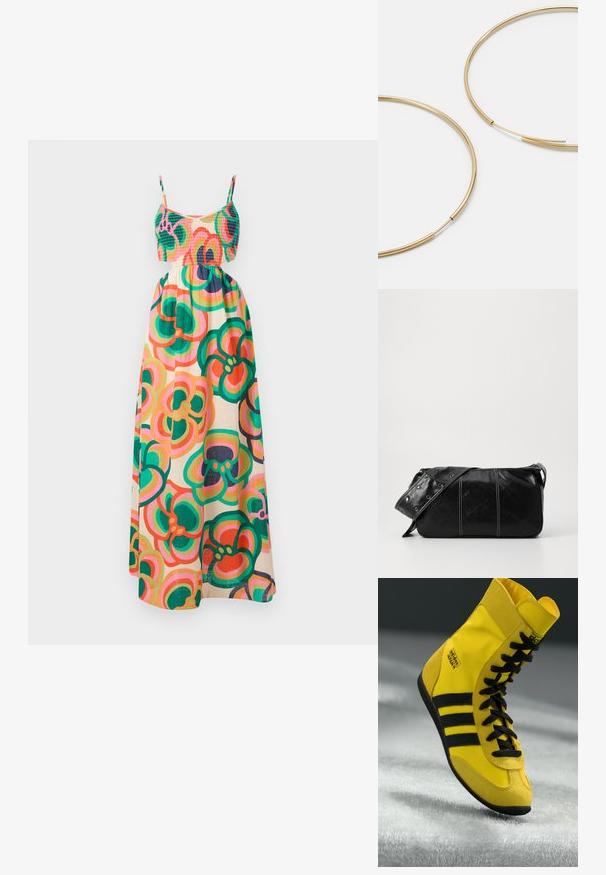 Maxi šaty s naťahovacou prednou časťou, tenkými ramienkami a kvetinovým vzorom v zelenej, ružovej a oranžovej farbe na krémovom podklade. Ľahký materiál.; Vysoké tenisky vyrobené zo žltého syntetického materiálu, so zosilnenými čiernymi šnúrkami, tromi čiernymi pruhmi a logom na boku. Kvalitná gumová podrážka.; Čierna kožená kabelka cez plece so zipsovým uzáverom, so štruktúrovaným telom, bielym prešívaním a popruhom so striebornými očkami.; Zlaté kruhové náušnice, tenké a okrúhleho tvaru, s hladkým kovovým povrchom a bez ozdôb alebo vzorov.