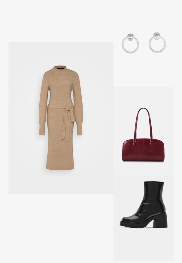 Beżowa sukienka dzianinowa z wysokim dekoltem, długimi rękawami i paskiem w talii. Ma prążkowaną fakturę na całej powierzchni. Projekt w średniej długości.; Czarne botki za kostkę o błyszczącej wykończeniu, kwadratowym czubku i grubym słupkowym obcasie. Projekt charakteryzuje się bezszwową sylwetką i minimalną marką.; Zign MURREN ciemnoczerwony; Srebrne metalowe kolczyki w kształcie obręczy z matową teksturą, z okrągłym wzorem i przezroczystym zapięciem typu post, zapewniającym bezpieczne noszenie.