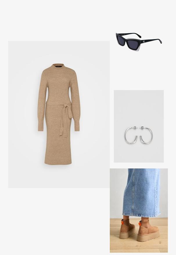 Pletena obleka v bež barvi z visokim ovratnikom, dolgimi rokavi in pasom z obročem. Ima rebrasto teksturo po vsej obleki. Oblačilo je srednje dolžine.; Rjave suede platform čizme z elastičnimi stranskimi paneli in oranžnimi zankami, v kombinaciji s svetlobno denim krilom do kolen na lesenem tleh.; Črne prevelike sončne očala geometrijske oblike, z temnimi lečami in kontrastno sivo podrobnostjo na okvirju. Logo na ročaju.; Srebrne obročaste uhane z gladko, sijočo površino. Zaobljena oblika, lahka zasnova, z zapiranjem na zatič.
