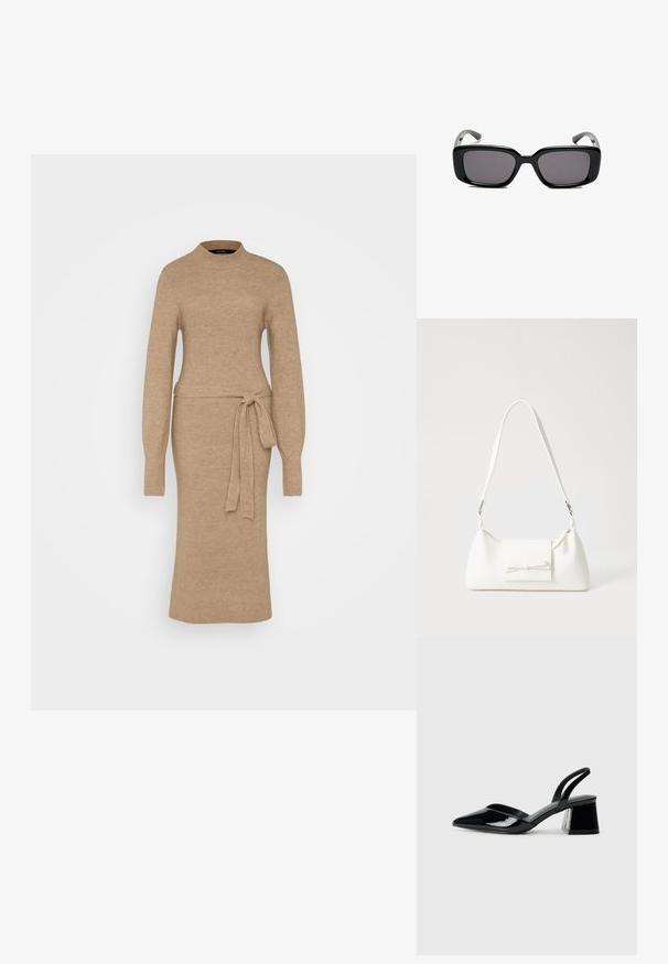 Pletena obleka v bež barvi z visokim ovratnikom, dolgimi rokavi in pasom z obročem. Ima rebrasto teksturo po vsej obleki. Oblačilo je srednje dolžine.; Črne lakirane slingback pete s koničastim nosom in geometrijsko blokasto peto. Imajo eleganten, minimalističen dizajn in gladko teksturo.; Črne pravokotne sončne očala z temnimi lečami, gladkim plastičnim okvirjem in ukrivljenimi nogicami. Oblika je robustna in minimalistična.; Bela sintetična torbica v obliki trikotnika, z ravnim sprednjim poklopcem in detajlom mašne, nastavljivim trakom, gladko teksturo in minimalističnim dizajnom.