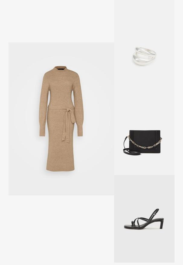 Pletena obleka v bež barvi z visokim ovratnikom, dolgimi rokavi in pasom z obročem. Ima rebrasto teksturo po vsej obleki. Oblačilo je srednje dolžine.; Črne natikače s trakovi in kvadratnim prstom ter nizkim blokastim peto. Imajo več tankih trakov in nastavljiv trak okoli gležnja. Narejene so iz gladkega usnja.; Črna usnjena torba čez ramo z gladko teksturo, pravokotno obliko in kovinskim verižnim detajlom spredaj. Vključena je nastavljiva naramnica.; Srebrn dvojni prstan z gladko, polirano površino. Ima tekoč, ukrivljen dizajn z prekrivajočimi se sekcijami za sodoben videz.