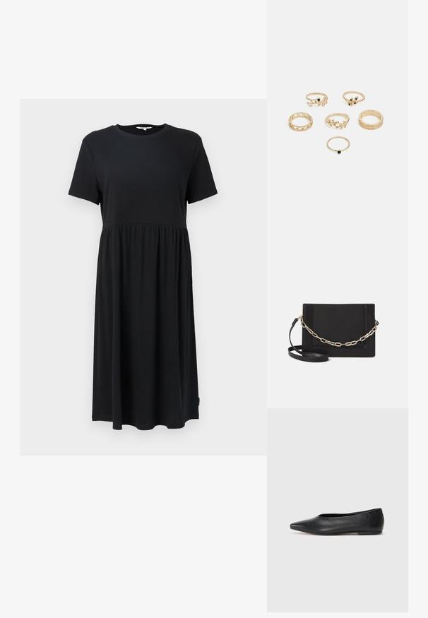 Vestido preto de manga curta com decote redondo, apresentando um corpete justo e uma saia fluida abaixo do joelho. Feito de tecido suave.; Bailarina de couro preto, bico fino, design minimalista, textura suave, salto baixo, sem hardware ou embelezamentos visíveis.; Bolsa crossbody de couro preto com uma textura suave, forma retangular e um detalhe em corrente metálica na frente. Inclui uma alça ajustável.; Conjunto de seis anéis dourados com vários designs: trançados, com motivos de folhas e bandas sólidas; alguns com detalhes em pedras preciosas verdes.