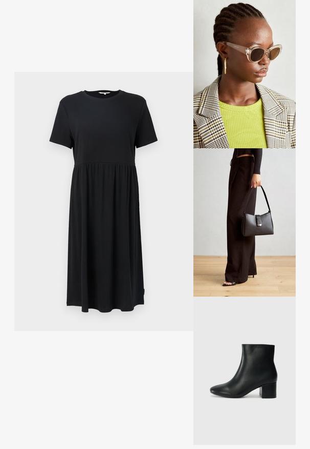 Černé šaty s krátkým rukávem a kulatým výstřihem, s těsným korzetem a splývavou sukní pod kolena. Vyrobeno z měkké látky.; Černé kožené kotníkové boty s špičatou špičkou a robustním podpatkem. Hladký povrch s minimálními akcenty a elegantním, přiléhavým designem.; Průhledné sluneční brýle ve stylu kočičích očí se hnědými skly a průhlednými rámy. Modelka má na sobě zelený žebrovaný top a károvaný blazer. Zlacené kruhové náušnice.; Černá kabelka se strukturovaným tvarem, hladkým povrchem a kovovým uzávěrem. Kombinována s širokými černými kalhotami a sandály s otevřenou špičkou na dřevěné podlaze.