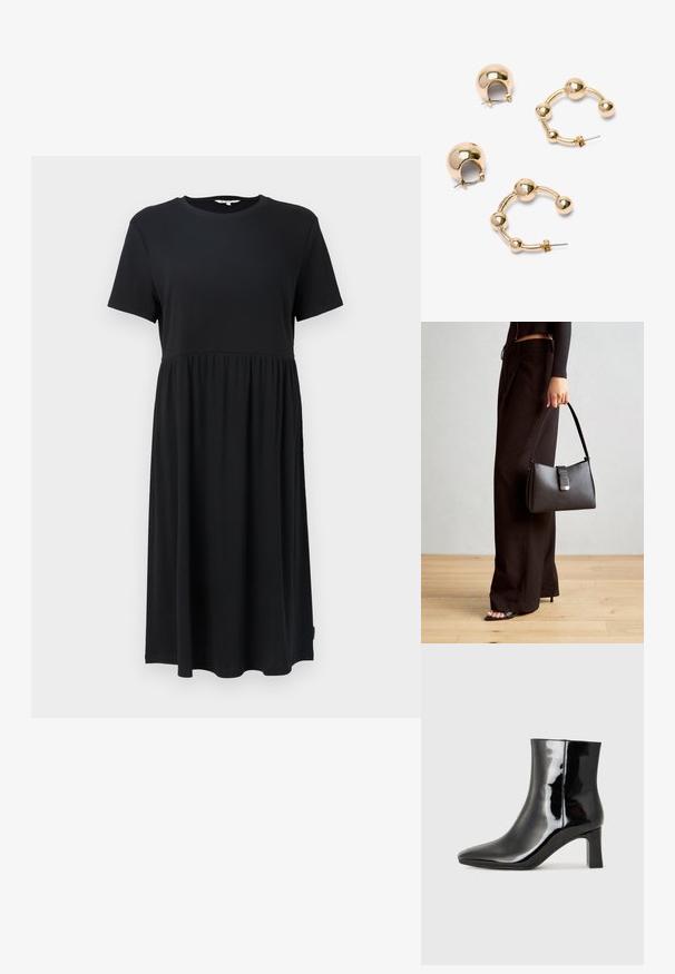 Fekete, rövid ujjú ruha kerek nyakkivágással, amelynek illeszkedő felsőrésze és térd alá érő, laza szoknyája van. Puha anyagból készült.; Fekete lakk bőrcipő bokáig érő, hegyes orral és közepes magasságú tömbsarokkal. Simább textúrával és minimalista dizájnnal rendelkezik.; Fekete kézi táska strukturált formával, sima textúrával és fémből készült záródással. Széles fekete nadrággal és nyitott orrú szandállal párosítva, fából készült padlón.; Arany színű fém fülbevalók, lekerekített karika kialakítással és sima felülettel. Az egyik pár gömb alakú díszítéssel, a másik pedig összekapcsolt golyó mintázattal rendelkezik.