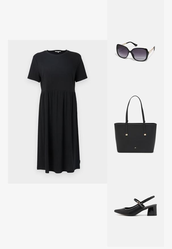 Must have lühikeste varrukatega must kleit ümarate kraedega, millel on napp kehaosa ja voolav põlve all asuv seelik. Valmistatud pehmest kangast.; Mustad läikivad nahast slingback-kõrged kontsad, millel on terav nina, ümar lõikekujundus ja blokknina. Omab kuldset nupu aktsenti.; Mustad ümarad päikeseglaasid, millel on gradient objektiivid, paksud raamid ja kuldse tooni kettaga kaunistused tempelitel.; Must musträkk, mis on valmistatud sünteetilisest materjalist, lihtsa ristkülikukujulise disainiga, kuldsete ruudukujuliste rõhutustega ja kahe käepidemega.