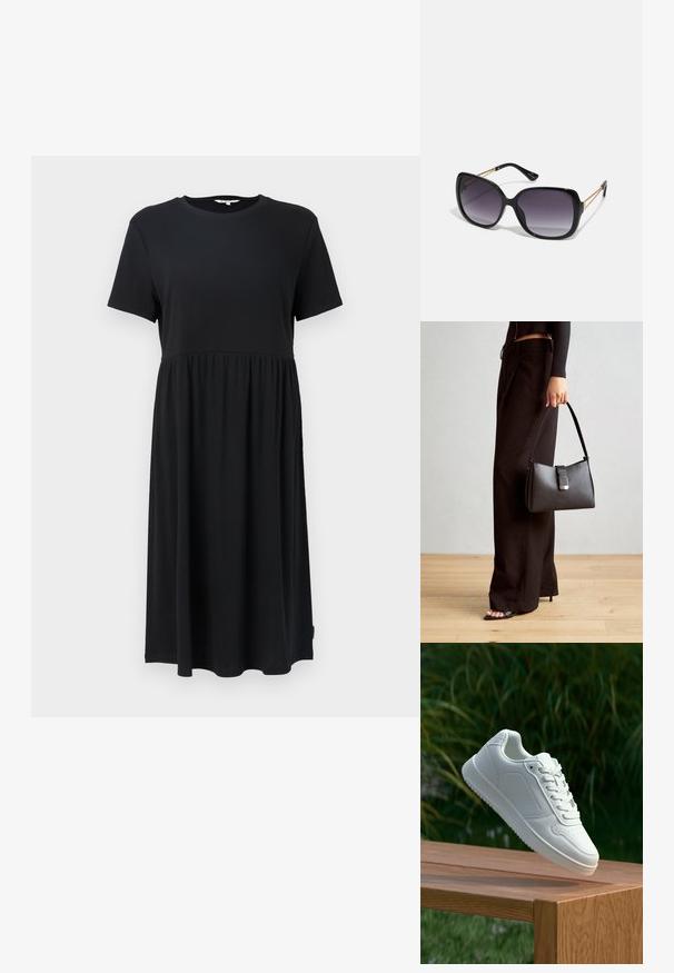 Juoda trumpomis rankovėmis suknelė su apvalia iškirpte, turinti prigludusį sijoną ir plačią sijonėlį, besitęsiantį žemiau kelių. Pagaminta iš minkštos medžiagos.; Balti sneakeriai su lygia sintetine viršutine dalimi, perforuota pirštų zona, plokščiomis raištelėmis ir tekstūruotu padu, padėti ant medinės paviršiaus.; Juodos didelės saulės akinių su pereinamais objektyvais, storomis rėmeliais ir auksinės spalvos grandinėmis ant šventyklų.; Juodas rankinė struktūrizuota forma, lygi tekstūra ir metalinis užsegimas. Suporuota su plačiomis juodomis kelnėmis ir atvirais bateliais ant medinių grindų.