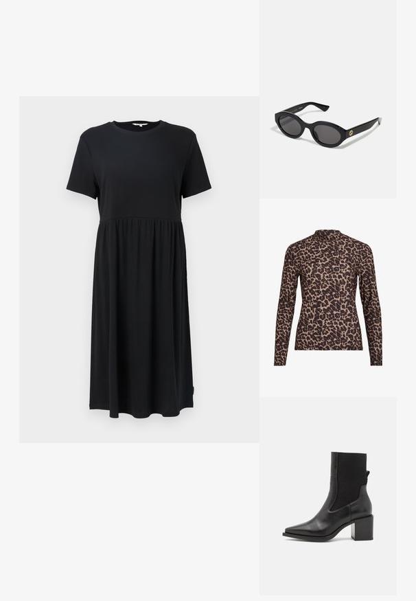 Crna haljina kratkih rukava s okruglim izrezom, koja ima uski korzet i lepršavu suknju ispod koljena. Izrađena od mekog materijala.; Duga majica s leopard uzorkom i visokim vratom, izrađena od rastezljivog materijala. Ima bež osnovu s smeškastim mrljama. Glatka tekstura, uski dizajn.; Crne gležnjače s šiljastim nosom, izrađene od glatke kože i elastične tkanine. Imaju blok petu i minimalistički dizajn.; Crne ovalne sunčane naočale s tamnim staklima i sjajnim plastičnim okvirom. Sadrže zlatni logotip na sljepoočnici, što pruža elegantan i moderni dizajn.