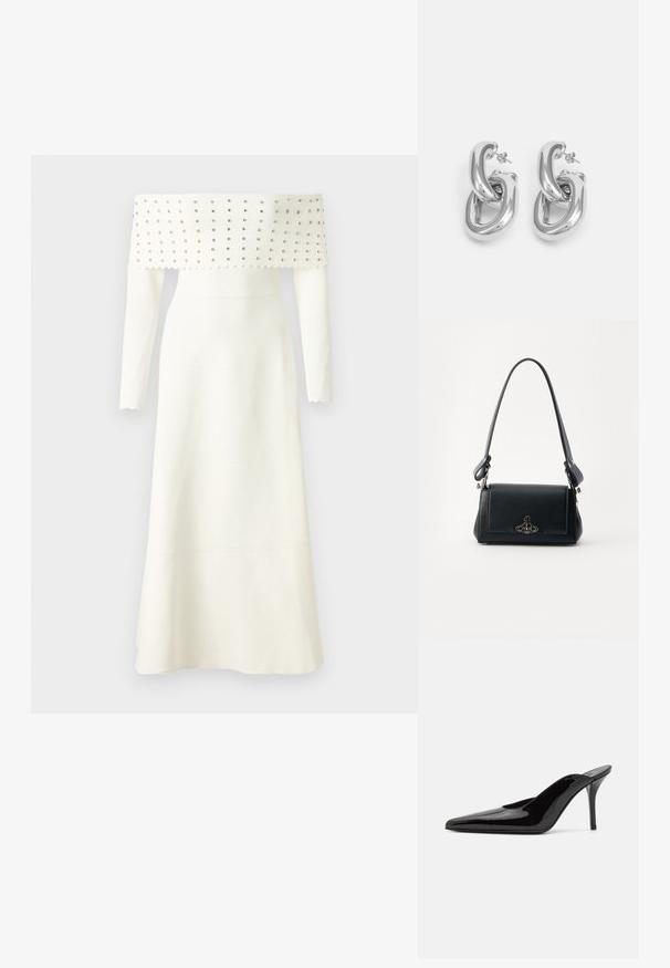 Abito bianco off-the-shoulder con maniche lunghe, caratterizzato da un corsetto testurizzato decorato con borchie argentate, orlo svasato e bordi scallop.; Mule in pelle patinata nera con tacco alto, punta affilata e silhouette elegante, dotato di apertura sul dietro e tacco a stiletto sottile.; Borsa a tracolla nera in pelle con superficie texturizzata, forma rettangolare, tracolla regolabile e una decorazione con logo metallico sul fronte.; Rabanne XL LINK DOUBLE HOOP EARRING - Orecchini - silver-coloured