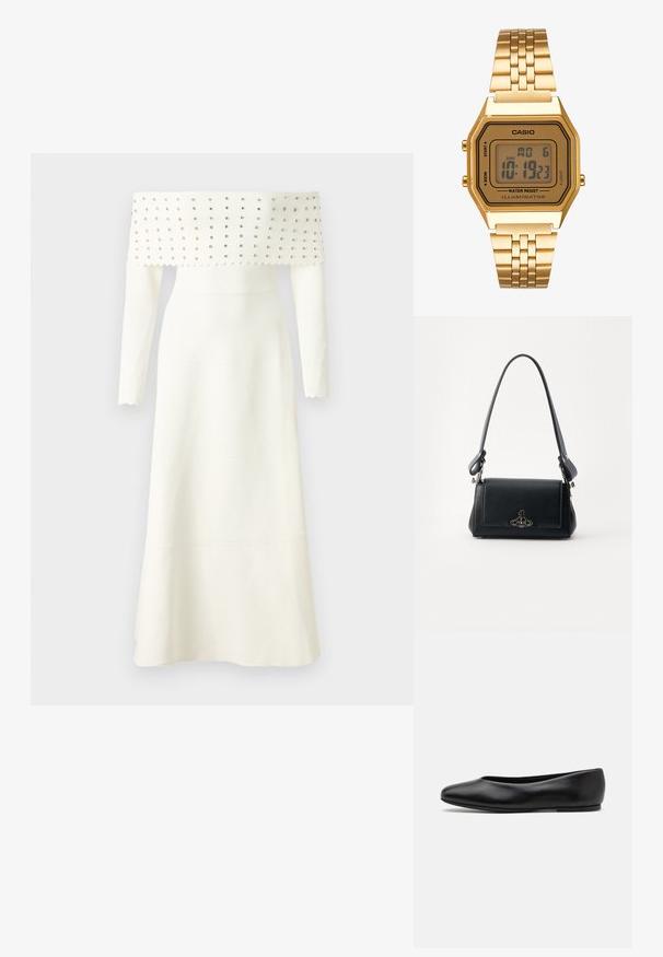 Bela obleka brez naramnic z dolgimi rokavi, ki se ponaša z teksturiranim trupom okrašenim s srebrnimi žebljički, flared robom in valovnimi robovi.; Paul Smith TOPANGA - Balerinke - black; Črna usnjena torbica z teksturirano površino, pravokotne oblike, nastavljivim trakom in kovinskim logotipom na sprednji strani.; Zlata digitalna ura s pravokotnim okvirjem, LCD zaslonom, jeklenim pasom in gumbi na strani. Ima oznako o vodoodpornosti.
