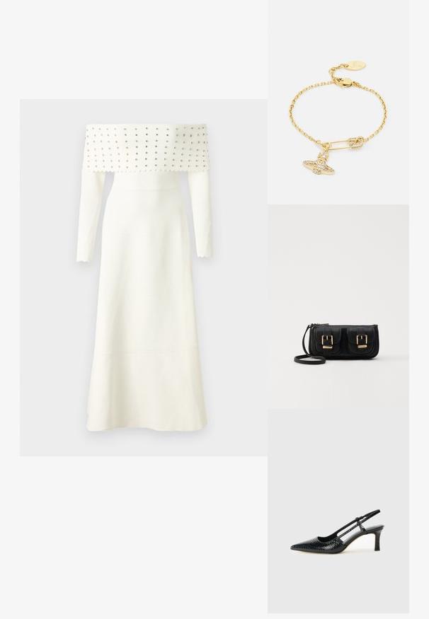 Valkoinen olkaimeton mekko, jossa on pitkät hihat, teksturoitu vartalonosa hopeisilla niiteillä, liehuva helma ja aaltoilevat reunat.; Musta patent slingback-kiilakorko teräväkärkisellä muotoilulla, jossa on teksturoitu käärmeennahkakuosi, säädettävä remmi ja lyhyt, teksturoitu blokkiheel.; Musta nahkainen olkalaukku, jossa on kaksi etutaskua, kultaiset soljet, vetoketjukiinnitys ja kapea hihna. Teksturoidun pinnan ja kompaktin suorakaiteen muoto.; Kultaketju rannekoru, jossa on ketjumainen muotoilu, koristeltuna turvaneulalla ja kimaltelevalla soljella. Sisältää lukon ja logotagin.