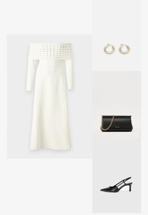 Robe blanche à épaules dénudées avec manches longues, dotée d'un corsage texturé orné de clous argentés, d'un ourlet évasé et de bords ondulés.; Escarpin slingback en vernis noir avec un bout pointu, présentant un imprimé serpent texturé, une sangle réglable et un petit talon bloc texturé.; Sac à main en cuir noir avec une bandoulière en chaîne dorée, présentant une texture lisse, une forme rectangulaire et une marque embossée à l'avant.; Lauren Ralph Lauren BASIC SMALL HOOP - Boucles d'oreilles - gold-coloured