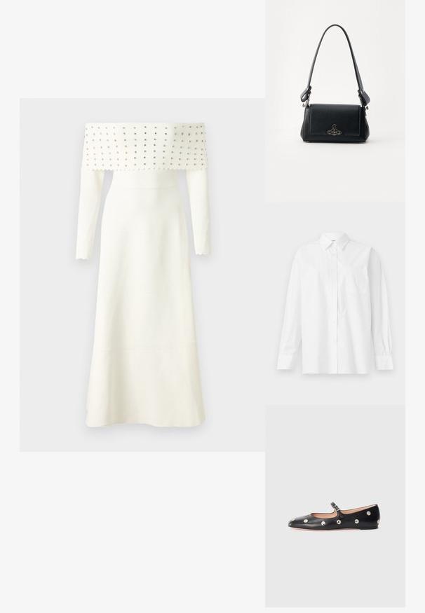 Robe blanche à épaules dénudées avec manches longues, dotée d'un corsage texturé orné de clous argentés, d'un ourlet évasé et de bords ondulés.; Chemise blanche à manches longues en coton, avec un col classique, un fermeture à boutons et une poche poitrine simple du côté gauche.; Chaussure plate en cuir noir type Mary Jane avec un bout arrondi, ornée de clous ronds en argent et dotée d'une sangle réglable avec une boucle.; Sac à main en cuir noir avec une surface texturée, de forme rectangulaire, une bandoulière ajustable et un accent logo métallique à l'avant.