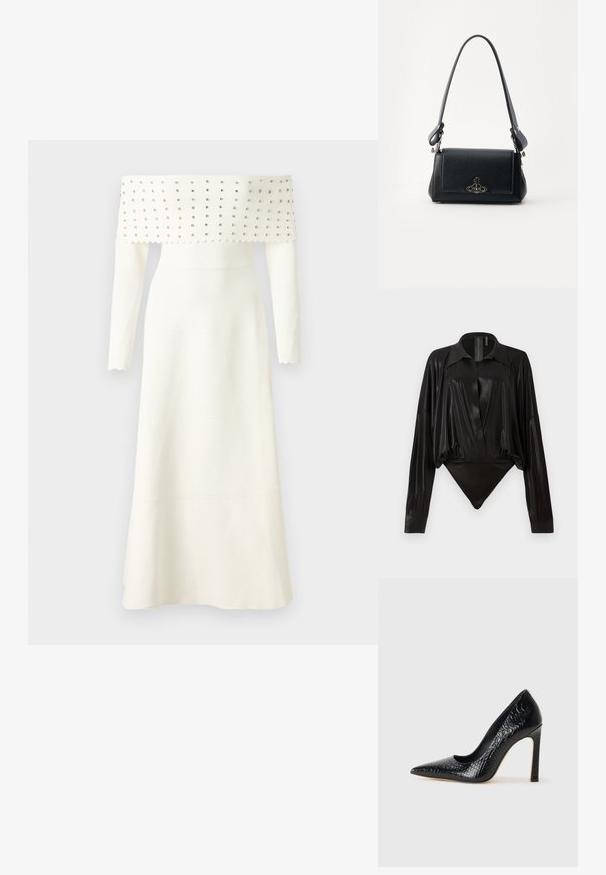 Robe blanche à épaules dénudées avec manches longues, dotée d'un corsage texturé orné de clous argentés, d'un ourlet évasé et de bords ondulés.; Body noir avec manches longues, décolleté en V et une silhouette ajustée. Fabriqué en tissu lisse et brillant avec un col structuré et des poignets.; Escarpin noir à bout pointu avec texture en cuir de crocodile, présentant un design élégant, un haut talon aiguille et un intérieur noir lisse.; Sac à main en cuir noir avec une surface texturée, de forme rectangulaire, une bandoulière ajustable et un accent logo métallique à l'avant.