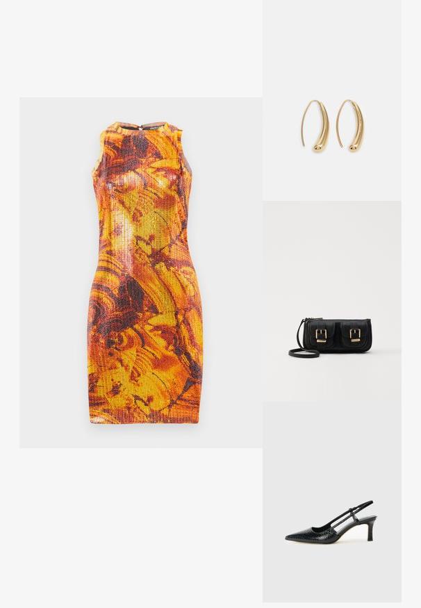 Úzke bezrukávové šaty v živých oranžových a žltých farbách s abstraktnými tmavými vzormi; textúrovaná tkanina; okrúhly výstrih s detailom na zips na chrbte.; Čierne patentové slingback topánky na ihlovom podpätku s špicatou špičkou, s textúrovaným hadím vzorom, nastaviteľným popruhom a krátkym, textúrovaným blokovým podpätkom.; Čierna kožená crossbody taška s dvoma prednými vreckami, zlatými sponami, zipsovým uzatváraním a úzkym popruhom. Štruktúrovaný povrch a kompaktný obdĺžnikový tvar.; Náušnice vo forme zlatých kovových kruhov s zakriveným, predĺženým tvarom. Majú hladký, lesklý povrch a zaoblený koniec pre pridanie detailu.