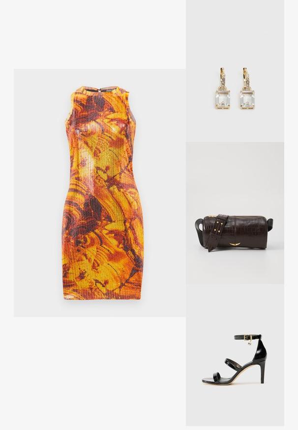 Úzke bezrukávové šaty v živých oranžových a žltých farbách s abstraktnými tmavými vzormi; textúrovaná tkanina; okrúhly výstrih s detailom na zips na chrbte.; Čierne lakované sandále s tromi pásikmi, spona na členku a 10 cm ihlovým podpätkom. Obsahujú zlaté detaily s hardwarem a logo prívesok.; Hnedá taška z kože s embosovaným vzorom krokodíla, cylindrického tvaru, so zlatými hardvérovými doplnkami a odnímateľným popruhom so štítkami.; Náušnice v zlatej farbe, ktoré majú obdĺžnikový, transparentný kryštál visiaci pod radom malých, guľatých, čírych akcentov. Elegantný, moderný dizajn.
