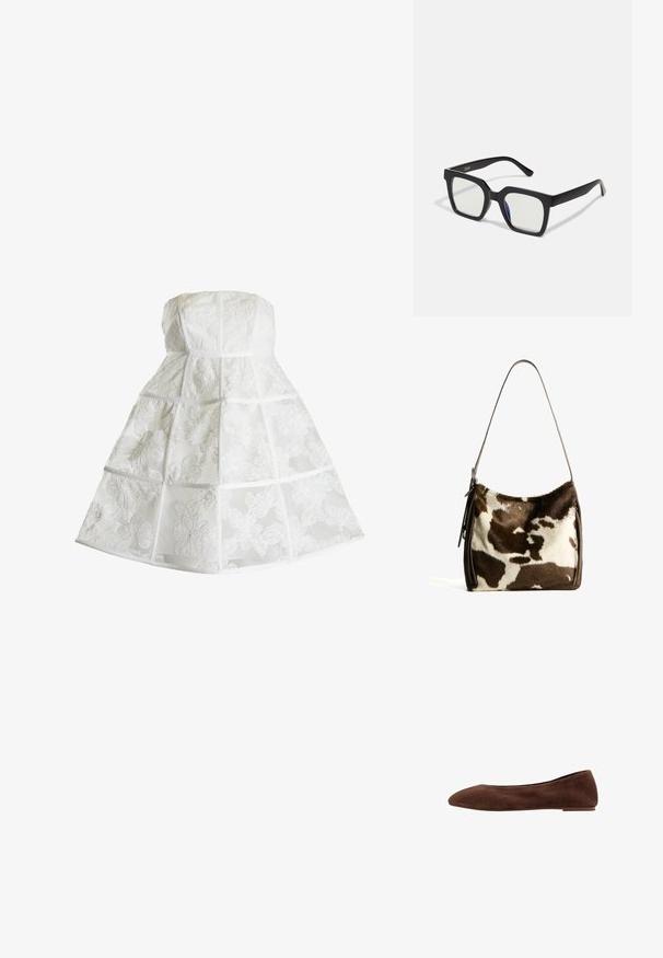 True Decadence MICAH BANDEAU CAGE - Vapaa-ajan mekko - white; Ruskeat mokkanahka ballet-kengät, joissa on terävä kärki, tasapohja ja sileä pinta. Tyylikäs muotoilu ilman näkyvää metalliosaa tai koristeita.; Mustat aurinkolasit mattapinnalla, joissa on läpinäkyvät linssit ja kevyesti sinertävä sävy yhdellä puolella. Vankka, kulmikas muotoilu.; Ruskea ja kerma cowhide-olkalaukku, jossa on sileä nahkahihna, vetoketju ja pehmeä, teksturoitu pinta, jossa on luonnollinen kuvio.