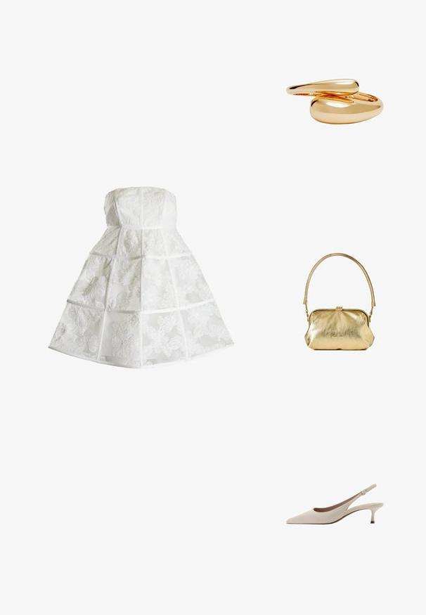 True Decadence MICAH BANDEAU CAGE - Jurk - white; Beige slingback hakken met een puntige neus en een lage, uitlopende hak. Gemaakt van glad leer met een minimalistisch ontwerp en een verstelbare band.; BALAGAN ROHA - Handtas - gold coloured; Goudkleurige ringen met gladde, ronde vormen die in elkaar verweven zijn. Hoogglans afwerking met een reflectief oppervlak, dat een naadloos ontwerp toont.