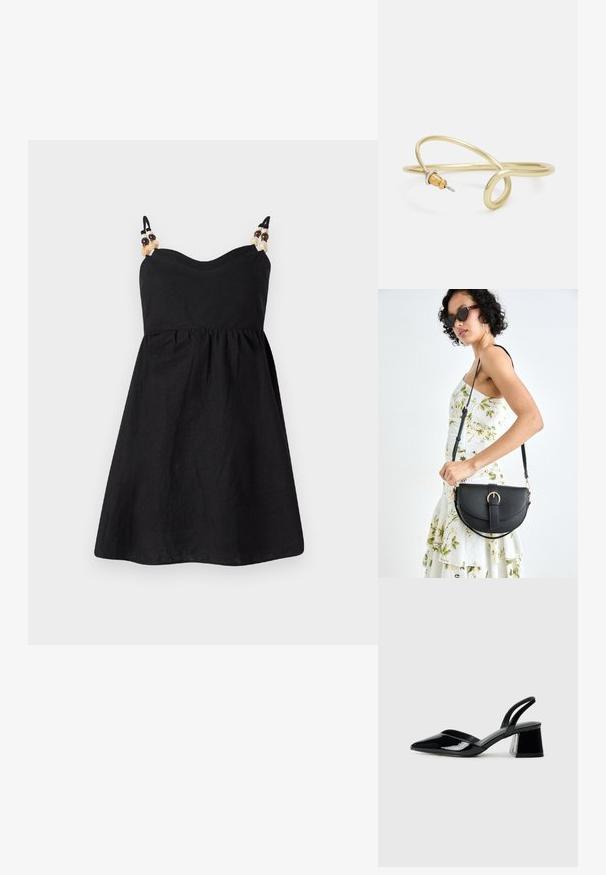 Czarna lniana sukienka z dopasowanym górnym częścią i rozkloszowanym dołem. Cienkie ramiączka ozdobione dekoracyjnymi koralikami na ramionach. Gładka faktura.; Czarne lakierowane półbuty na obcasie z wydłużonym noskiem i geometrycznym słupkiem. Charakteryzują się eleganckim, minimalistycznym designem oraz gładką fakturą.; Czarna skórzana torebka o zakrzywionym kształcie, z odpinanym paskiem i złotymi akcentami. Torebka posiada klapę z zapięciem w kształcie klamry.; Złota metalowa bransoletka o płynnej, zakrzywionej formie. Ma mały, wyraźny, srebrny akcent na jednym końcu.