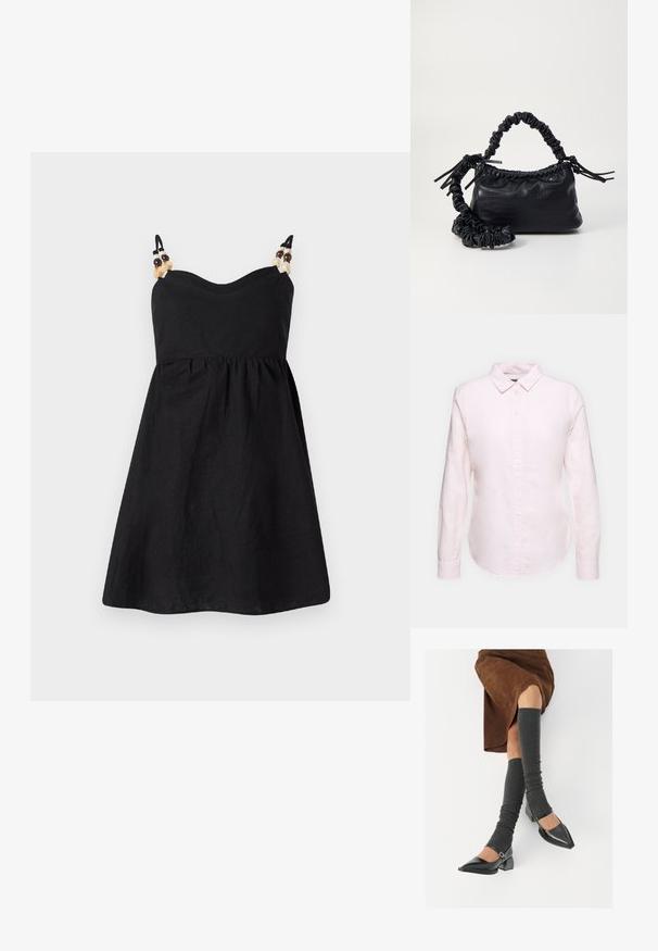 Black linen dress with a fitted bodice and flared skirt. Slim straps adorned with decorative beads at the shoulders. Smooth texture.; Light pink long-sleeve shirt with a button-down collar, featuring a straight hem and soft texture, made from lightweight cotton fabric.; Black patent leather pointed-toe shoes with a block heel and ankle strap, paired with gray ribbed leg warmers and a brown suede skirt.; Black faux leather handbag with a crocodile texture, cinched top, and a scrunched strap. Appears soft and compact in design.