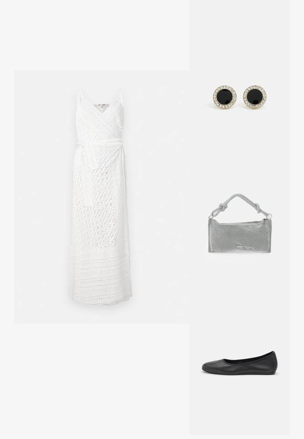 Vestido branco envolvente com um design texturizado, apresentando alças finas e um cinto. O tecido possui padrões recortados intrincados e uma silhueta longa.; Bailarina preta em pele com bico arredondado, textura suave, detalhe de costura minimalista e design de sola flexível.; Bolsa de malha prateada com uma alça atada, formato retangular, superfície texturizada e fecho com zíper. Design simples e moderno com mínimos detalhes.; DKNY INLAY STUD - Brincos - black/gold-coloured