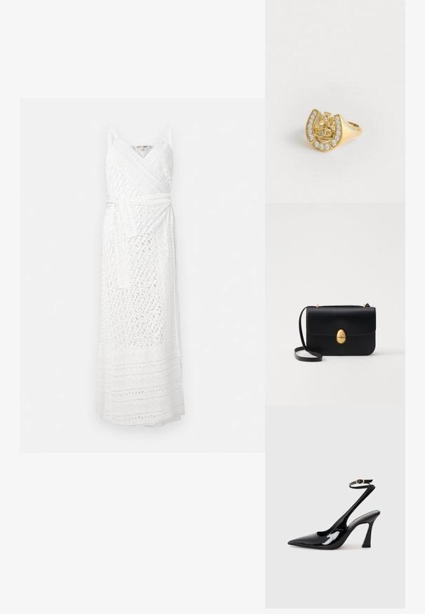 White wrap dress with a textured design, featuring thin straps and a belt. The fabric has intricate cut-out patterns and a long silhouette.; Black patent leather slingback high heels with a pointed toe, adjustable ankle strap, and a moderate block heel. Smooth texture with glossy finish.; Black leather handbag with a structured rectangular shape. Features a golden oval clasp and a thin shoulder strap. Smooth texture.; Gold ring with a crown design inside a horseshoe, decorated with small clear gemstones, on a white background.