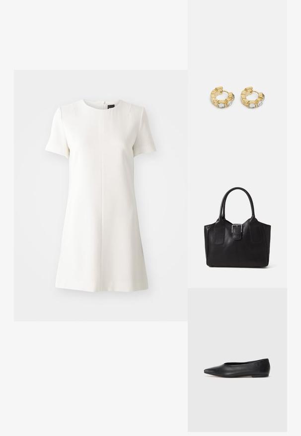 Valge lühikeste varrukate ja ümmarguse kaelusega kleit, millel on sirge siluett. Tagumine tõmblukudetail ja sile tekstuur. Minimalistlik disain.; Musthave mustris balletkingad, terav nina, minimaliseeritud disain, sile pind, madal konts, ilma nähtava riistvara või kaunistusteta.; Mustgamma nahast kott, millel on sile tekstuur, struktureeritud kuju, kaks käepidet ja esiküljel silmapaistev hõbedane pandla detail.; Kuldse kõrvarõngad, millel on tekstuuritud disain ja kolm selget kristalli ühel küljel, pakkudes modernset geomeetrilist esteetikat.