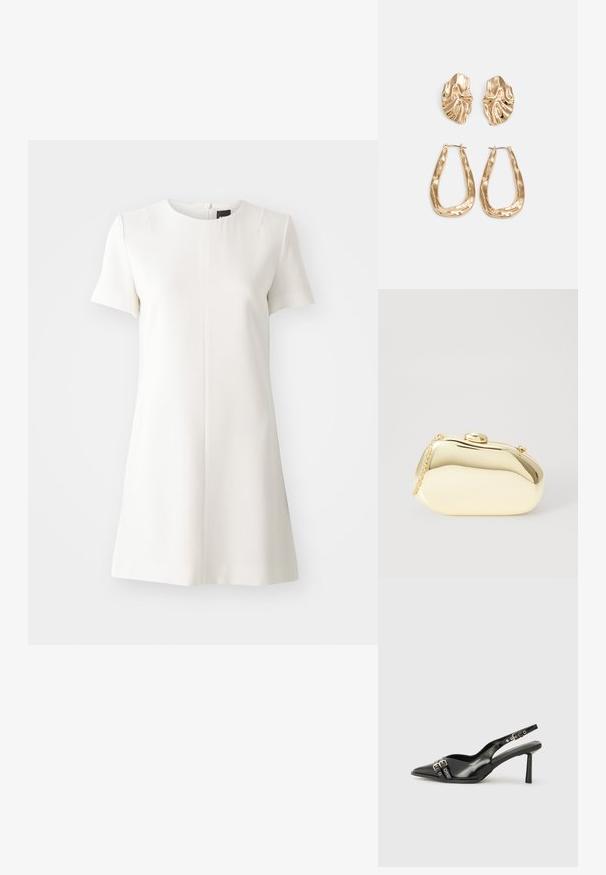Hvid kjole med korte ærmer, rund halsudskæring og lige silhuet. Lynlåsdetalje på ryggen og glat tekstur. Minimalistisk design.; Sorte patenterede læderslagback sko med spids tå, ankleremme med sølvspænder og hardware samt en slank hæl.; Metallic guld clutch med en glat, rund form, udstyret med en topknap-lås og et lille kædehåndtag til bæring.; Guldtonede øreringe med teksturerede, bølgede former. Inkluderer skulpturelle clips og en åben ringdesign med en hamret finish.