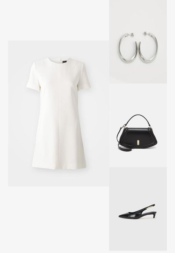 Biele šaty s krátkym rukávom a okrúhlym výstrihom, s rovnou siluetou. Zips na chrbte a hladká textúra. Minimalistický dizajn.; Čierne kožené slingback opätky s špicatou špičkou, s úzkym opätkom a zlatým detailom na nastaviteľnom remienku. Hladká textúra.; Čierna kožená kabelka so štruktúrovaným dizajnom, s krátkym tvarom, hornou rúčkou a zlatými prvkami. Súčasťou je nastaviteľný ramenný popruh.; Strieborné kruhové náušnice s hladkým, zakriveným dizajnom. Majú lesklý kovový povrch a zapínanie na kolík. Žiadne viditeľné vzory ani akcenty.
