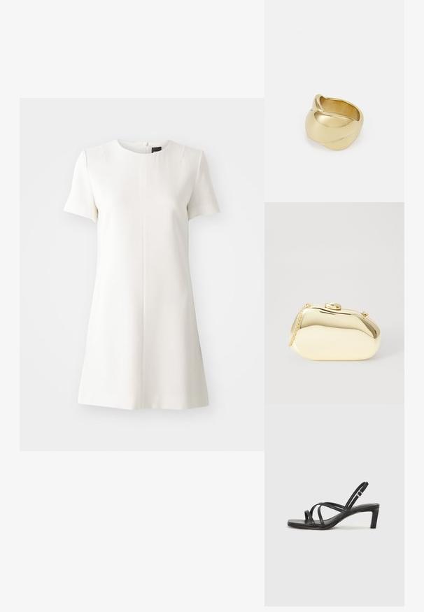 Hvid kjole med korte ærmer, rund halsudskæring og lige silhuet. Lynlåsdetalje på ryggen og glat tekstur. Minimalistisk design.; Sort remsandale med firkantet tå og en lav blokeret hæl. Har flere tynde stropper og en justerbar ankelrem. Fremstillet af glat læder.; Metallic guld clutch med en glat, rund form, udstyret med en topknap-lås og et lille kædehåndtag til bæring.; Guldfarvet ring med et glat, snoet design. Har en poleret overflade og afrundede kanter, hvilket skaber en sømløs, flydende form.