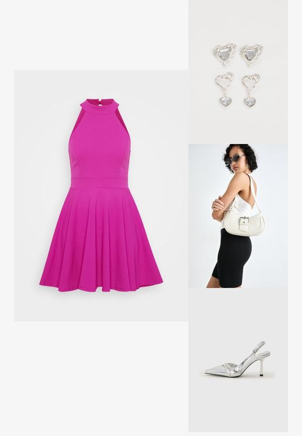 Rochie roz ajustată cu guler înalt, fără mâneci, și fustă evazată. Fabricată dintr-un material uniform, fără modele vizibile sau accesorii.; Pantofii cu toc înalt, argintii, cu vârf ascuțit, finisaj metallic, două curele decorative și un toc subțire cu vârful negru.; Geantă de piele albă cu o formă curbată, curea reglabilă și un detaliu mic cu cataramă. Modelul poartă o ținută neagră ajustată.; Cerceii în formă de inimă argintie sunt decorați cu pietre clare fațetate, având un cadru texturat. Setul include stiluri cu buton și cu pandantiv.