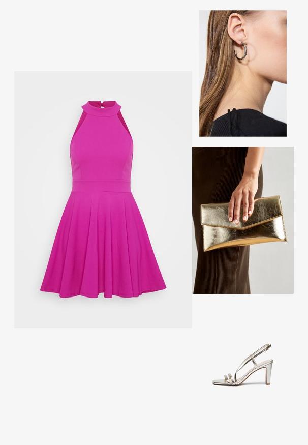 Priliehavé ružové šaty s vysokým výstrihom, bez rukávov a so rozšírenou sukňou. Vyrobené z hladkého materiálu bez viditeľných vzorov alebo kovania.; Metalické strieborné sandále na vysokom podpätku s otvorenou špičkou, s tromi tenkými popruhmi cez nohu a remienkom okolo členka so sponou.; Zlatá metalická kabelka cez plece s hladkým povrchom, ktorá má trojuholníkové uzavretie. Ruka ju drží a má starostlivo upravené nechty.; Strieborná kruhová náušnica s lesklým povrchom, obsahujúca malé zlaté akcenty a okrúhly tvar, nosená na lalôčiku ucha.