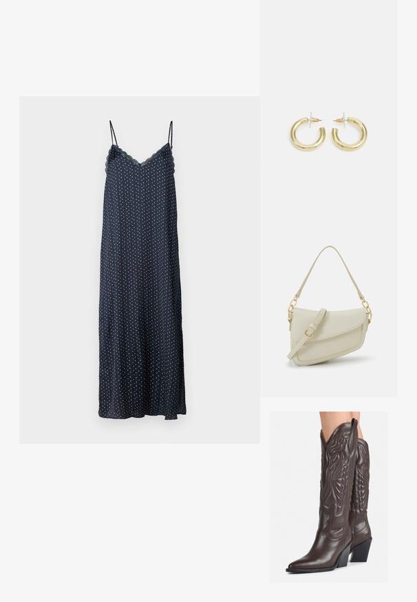 Jūrų mėlynos spalvos naktiniai marškiniai be rankovių, su baltais ir raudonais taškiukais, bangelių formos iškirpte ir ilgu, laisvai krintančiu dizainu, pagaminti iš minkštos medžiagos.; Rudos odinės kaubojaus batai su smailiu priekiu ir blokuotu kulnu, pasižymintys detaliu siuvinėjimu ir iškiliais akcentais ant ašies.; Mažas kreminis rankinukas su tekstūruotu paviršiumi, ilga reguliuojama juostele, grandinėle ir užsegimu su atvartu. Aukso detalės.; Aukso auskarai su lygiu, blizgiu paviršiumi. Apvalus dizainas su maža užrakto dalimi ir skaidria atrama saugiam nešiojimui.