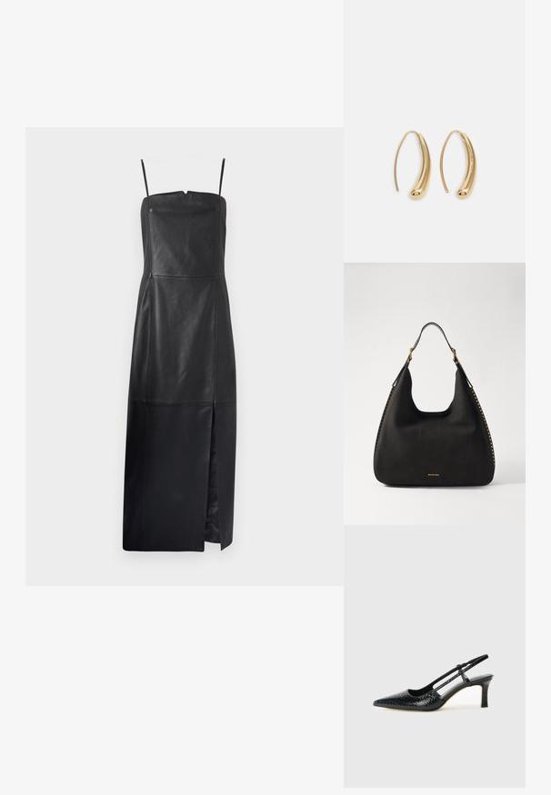 Filippa K TUBE DRESS - Dienas kleita - black; Melna patent āda ar slīdošo papēdi un smailo purngalu, ar teksturētu čūsku drukājumu, regulējamu siksniņu un īsu teksturētu blokpapēdi.; MICHAEL Michael Kors NOLITA HOBO  - Rokassoma - black; Zelta toņu metāla gredzena auskari ar izliektu, pagarinātu formu. Ar gludu, spīdīgu virsma un noapaļotu galu papildu detaļām.