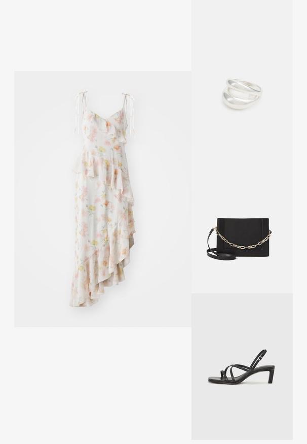 Ziedu raksta maxi kleita vieglā audumā ar ruflēm; tai ir plānas, regulējamas siksnas un asimetriska apakšmalu maigos pasteļtoņos.; Melnas strappy sandales ar kvadrātveida purngaliem un zemu bloku papēdi. Ievērojamas ar vairākiem plāniem siksniņām un regulējamu potītes siksniņu. Izgatavotas no gludas ādas.; Melna ādas crossbody soma ar gludu faktūru, taisnstūrveida formu un metalizētu ķēdes detaļu priekšā. Iekļauta regulējama siksna.; Sudraba divu joslu gredzens ar gludu, pulētu virsmu. Iezīmējas ar plūstošu, izliekta dizaina struktūru ar pārklājošām sekcijām modernam izskatam.