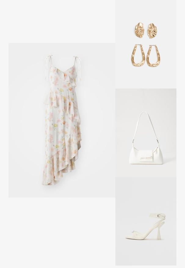 Maxikjole med blomsterprint i lett stoff med volanger; har tynne, justerbare stropper og en asymmetrisk kant i myke pastellfarger.; Høyhælte sandaler med stropp i hvitt lær, med et stilrent design, gjennomsiktig blokkhæl og et dekorativt element ved tåen.; Hvit syntetisk håndveske med trekantet form, flat klaff foran og sløyfe detaljer, justerbar stropp, glatt tekstur og minimalistisk design.; Gullfargede øredobber med teksturerte, bølgete former. Inkluderer skulpturelle klipsstuds og åpen hoop-design med en hamret finish.