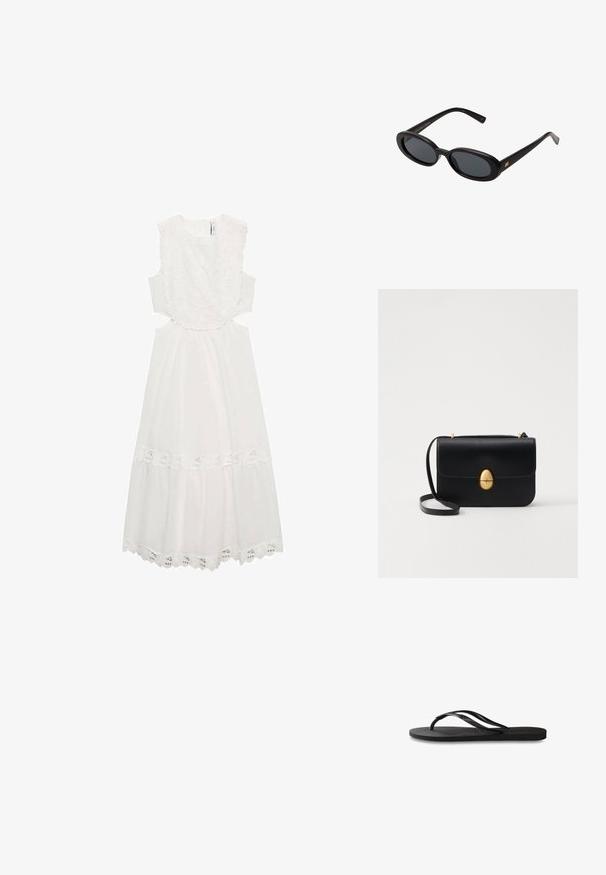 Witte jurk met bloemenkantdetails langs de halslijn en de zoom, mouwloos met uitsparingen bij de taille en een uitlopende rok.; Zwarte flip-flop met een gestructureerde rubberen zool, twee slanke banden en een subtiele, ingedrukte logo-detail op de band.; Zwarte oversized zonnebril met ovale lenzen, een glad plastic montuur en gouden accenten op de pootjes. Donkere lenzen bieden bescherming tegen de zon.; Zwarte leren handtas met een gestructureerde rechthoekige vorm. Voorzien van een gouden ovale sluiting en een dunne schouderband. Glad van textuur.