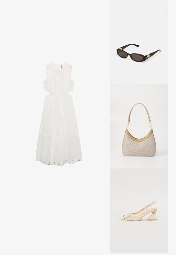 Weißes Kleid mit floralen Spitzenakzenten am Ausschnitt und Saum, ärmellos mit Ausschnitten an der Taille und einem ausgestellten Rock.; Beige Slingback-Schuh mit Perforierung im Obermaterial, spitzer Zehenpartie und einem kontrastierenden dreieckigen Absatz mit einem goldenen Akzent. Insgesamt glatte Textur.; Schildpatt-Sonnenbrille mit länglich-ovalen Gläsern, braunem Farbton, goldenen Logo-Akzenten an den Bügeln und schlanken schwarzen Bügeln.; Beige gemusterte Handtasche mit geschwungener Form, Lederakzenten und einem goldfarbenen Logo auf der Vorderseite. Verfügt über einen kurzen Griff für einfaches Tragen.