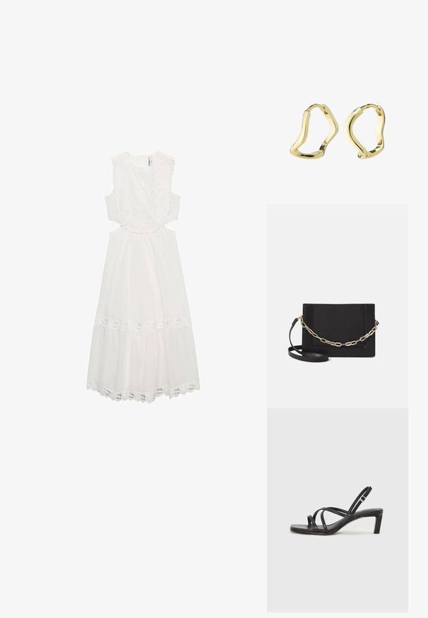 Witte jurk met bloemenkantdetails langs de halslijn en de zoom, mouwloos met uitsparingen bij de taille en een uitlopende rok.; Zwarte sandaal met bandjes, vierkante teen en een lage blokhak. Voorzien van meerdere dunne bandjes en een verstelbare enkelband. Gemaakt van zacht leer.; Zwarte leren schoudertas met een gladde textuur, rechthoekige vorm en een metallic kettingdetail aan de voorkant. Verstelbare schouderband inbegrepen.; Gouden creolen met een vloeiende, golvende vorm. Glad oppervlak, open ontwerp en geen zichtbare sluitingen. Minimalistische en moderne uitstraling.