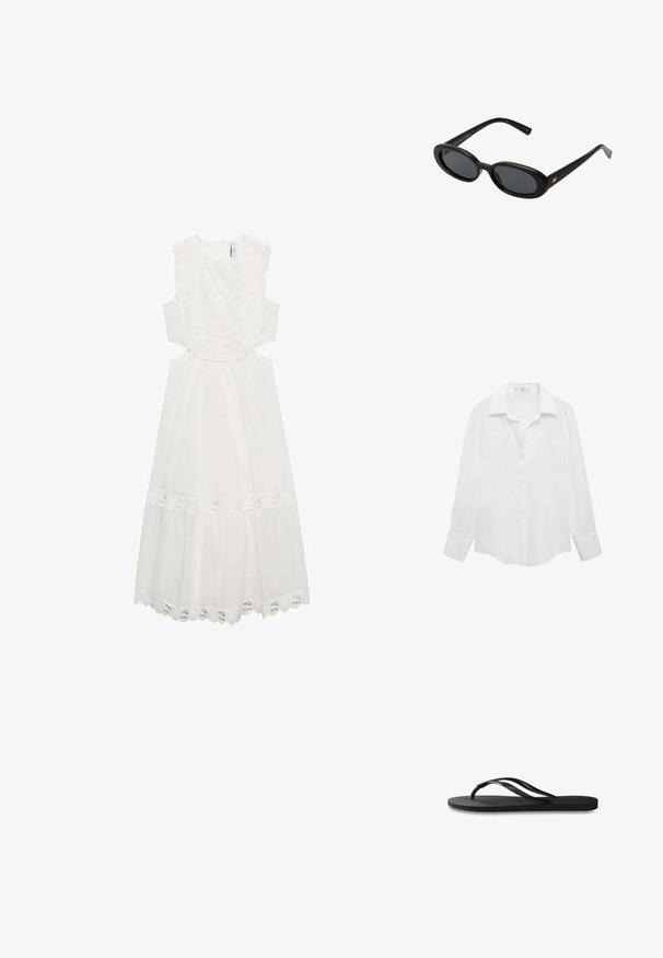 Bílé šaty s květinovou krajkou podél výstřihu a spodního lemu, bez rukávů s výřezem v pase a rozšířenou sukní.; Bílá košile s dlouhým rukávem, která má klasický límec, zapínání na knoflíky a hladký, lehký materiál. Spodní lem je mírně zakřivený po stranách.; Černé žabky s texturovanou gumovou podrážkou, dvěma štíhlými popruhy a jemným, embosovaným logem na popruhu.; Černé oversized sluneční brýle s oválnými čočkami, hladkým plastovým rámem a zlatými akcenty na spáncích. Tmavé čočky poskytují ochranu před sluncem.