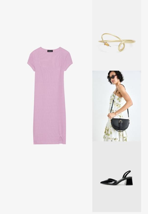 Vaaleanlila lyhythihainen mekko, jossa on neliönmuotoinen pääntie, ribattu pinta ja pieni halkio helman kohdalla. Pehmeää, hengittävää kangasta.; Mustat patentoitu nahkakengät, joissa on säären takaosa ja terävä kärki, sekä geometrinen palikkakorko. Sisältää tyylikkään, minimalistisen muotoilun ja sileän pinnan.; Musta nahkainen käsilaukku, joka on kaareva muotoilultaan, irrotettavalla hihnalla ja kultaisilla yksityiskohdilla. Laukussa on läppä, jossa on solk yksityiskohta.; Kultainen metallinen ranneketju, jossa on sulava ja kaareva muotoilu. Yhdessä päässä on pieni, hallitseva hopeanvärinen korostus.