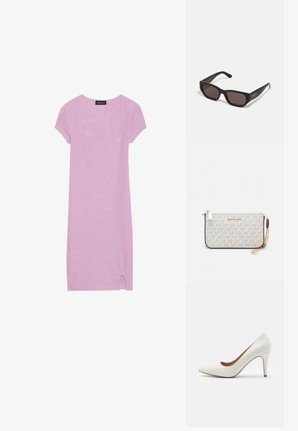 Lyse lilla kortermet kjole med firkantet utringning, ribbet tekstur og en liten splittdetalj i kanten. Mykt, pustende stoff.; Hvit patentlær høyhælte sko med spiss tå og en glatt overflate, med en slank hæl og en lav utskjæring rundt åpningen.; Sorte rektangulære solbriller med mørke glass. Har en glatt plastisk ramme og logo detaljer på brillestangen. Ren, moderne design.; Michael Kors håndleddsveske i beige belagt kanvas med et gjentakende MK-logo mønster, gullfarget maskinvare og en avtakbar kjede-rem.
