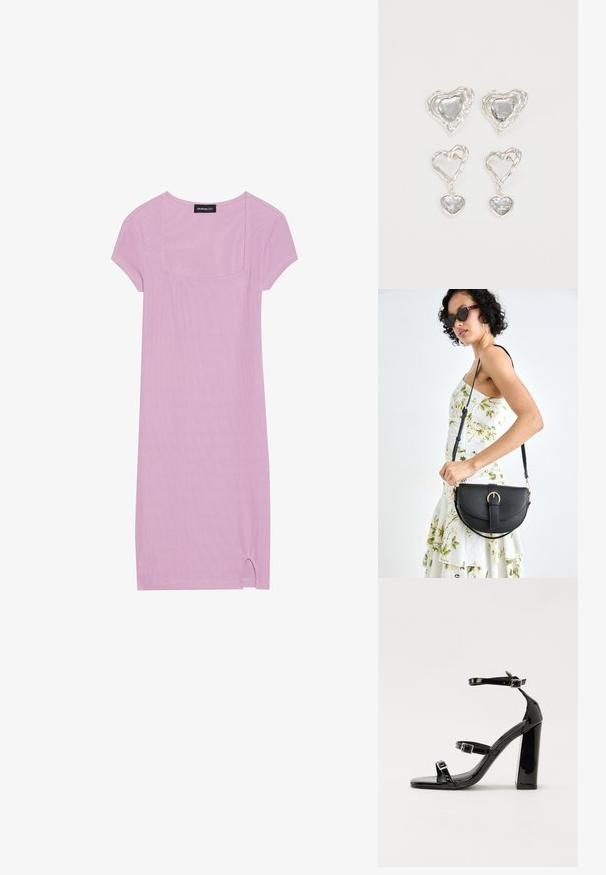 Svetlo vijolična kratkoslečna obleka s kvadratnim izrezom, rebrasto teksturo in majhnim razporkom na robu. Mehka, zračna tkanina.; Črne lakirane sandale s peto, kvadratnim prstom, trakovi okrog gležnja in srebrnimi zaponkami. Opremljene so s stabilno Debelo peto.; Črna usnjena torbica s ukrivljeno obliko, z odstranljivo naramnico in zlatimi dodatki. Torbica ima pokrov s podrobnostmi v obliki zaponke.; Srebrni uhani v obliki srca vsebujejo fasetirane prosojne kamne ter teksturiran okvir. Komplet vključuje stenske in viseče sloge.