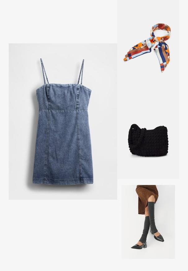 Jeans obleka s tankimi naramnicami, oprijetim zgornjim delom in razširjenim krilom. Ima temno modro pranje in šivane detajle ob šivih.; Črne lakirane čevlje s pointy prsti in blok peto ter z naramnicami za gleženj, ki jih kombiniramo s sivimi rebrastimi nogavicami in rjavim suknjičem iz usnja.; Svila šal z barvitim cvetličnim in geometrijskim vzorcem v odtenkih oranžne, modre, rjave in vanilije. Trikotni konci z gladko teksturo.; Črn platneno torba z strukturiranim, quilted vzorcem. Okrogla oblika, kratki, debeli ročaji in mehak, fleksibilen konstrukt.