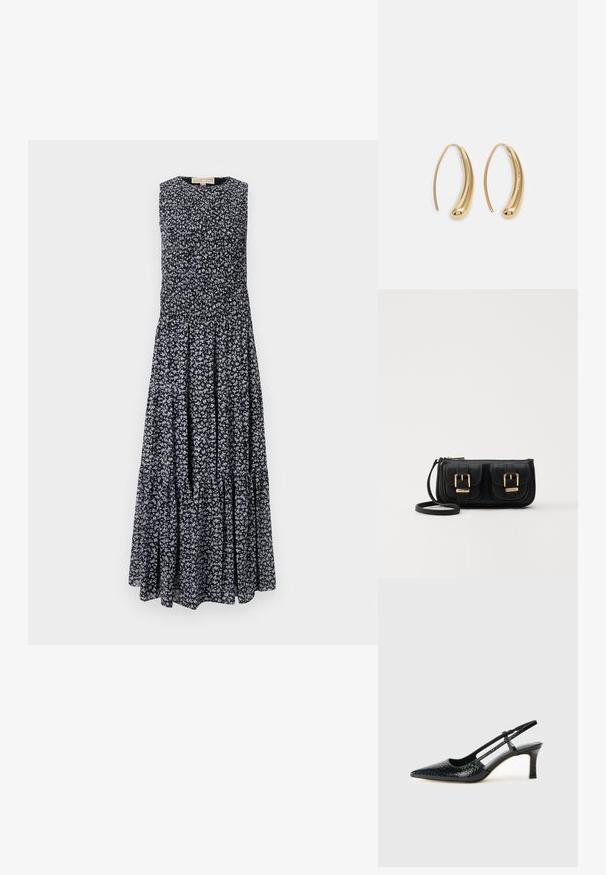 Maxikjole i sort med små hvide og blå blomsterprint. Uden ærmer, med indsamlet flæse og lagdelt nederdel for en flydende silhuet.; Sorte patent slingback hæl med spids tå, prydet med tekstureret slangeskindsmønster, justerbar rem og en kort, tekstureret blokhæl.; Sort læder crossbody taske med to frontlommer, guldspænder, lynlåslukning og en slank rem. Struktureret overflade og kompakt rektangulær form.; Guldfarvede metal hoops øreringe med en bøjet, forlænget form. Har en glat, skinnende overflade og en afrundet spids for ekstra detalje.