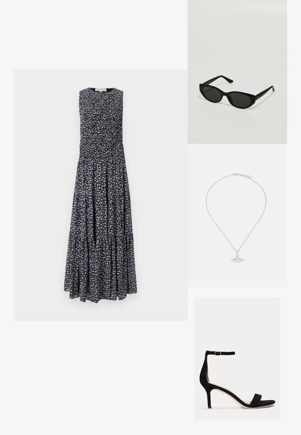 Fekete maxi ruha kis fehér és kék virágmintával. Ujjatlan, redőzött felsőrész és réteges szoknya, amely folyékony sziluettet kölcsönöz.; Lauren Ralph Lauren ALLIE MID HEEL SUEDE SANDAL - Szandálok - black; Fekete napszemüveg, keskeny, macska szem formával. Simább műanyagból készült, sötét lencsékkel és diszkrét logó részletekkel az oldalsó részeken.; Ezüst nyaklánc, finom lánccal és ovális medállal, amely bonyolult részletekkel és egy kis drágakő kiemeléssel rendelkezik.